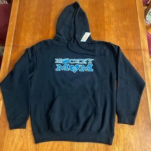 NWT Pennant Hockey Mom Black w/Blue Glitter Graphic Hoodie with Kangaroo Pocket.